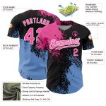 Custom black, pink and light blue brush stroke baseball jersey, detail of the printed panel