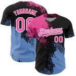 Custom black, pink and light blue brush stroke baseball jersey