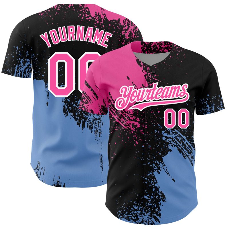 3D Abstract Brush Stroke Personalized Baseball Jersey Black Pink-Light Blue Personalized Black Pink-Light Blue 3D Abstract