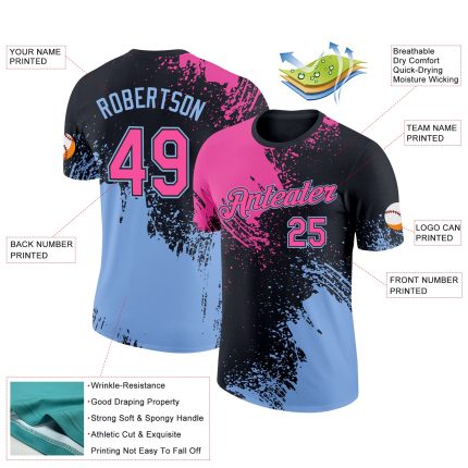 Personalized 3D Abstract Brush Stroke T-Shirt in Black and Light Blue for Performance Personalized Black Pink-Light Blue