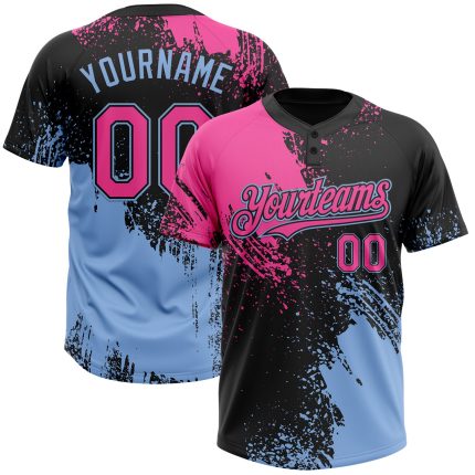 Personalized Unisex Softball Jersey 3D Abstract Brush Stroke Black Pink Light Blue Two-Button Design Personalized Black Pink-Light