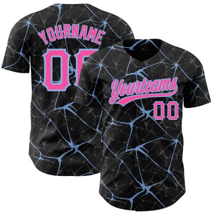 Personalized 3D Abstract Network Baseball Jersey in Black and Light Blue Personalized Black Pink-Light Blue 3D Abstract Network