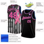Breast Cancer Awareness Month 3D American Flag Basketball Jersey for Women, Personalized Black Pink-Light Blue Fashion Support