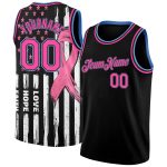 Breast Cancer Awareness Month 3D American Flag Basketball Jersey for Women, Personalized Black Pink-Light Blue Fashion Support