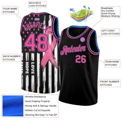 Personalized Breast Cancer Awareness Basketball Jersey Women - Black Pink-Light Blue 3D American Flag, Custom Name & Number