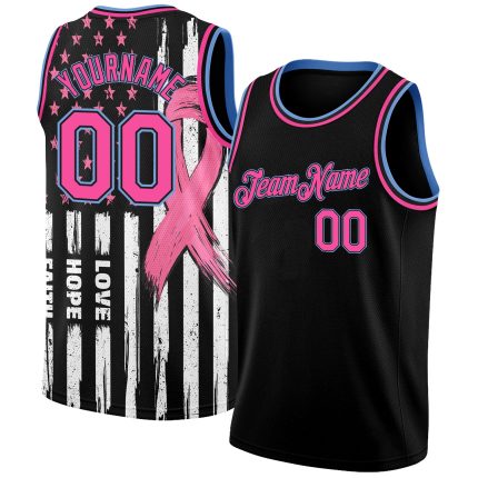 Personalized Breast Cancer Awareness Basketball Jersey Women - Black Pink-Light Blue 3D American Flag, Custom Name & Number