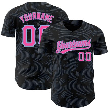 Personalized Black Pink Light Blue 3D Baseball Jersey with Curve Lines Design Personalized Black Pink-Light Blue 3D Curve