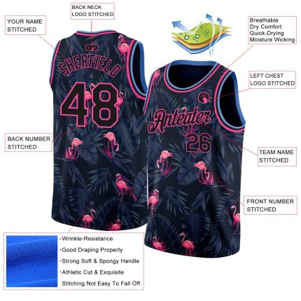 Personalized 3D Flamingo Basketball Jersey in Black and Light Blue Personalized Black Pink-Light Blue 3D Flamingo Basketball