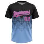 Personalized Unisex Softball Jersey with Black Pink-Light Blue 3D Gradient Square Shapes, Two-Button Design Personalized