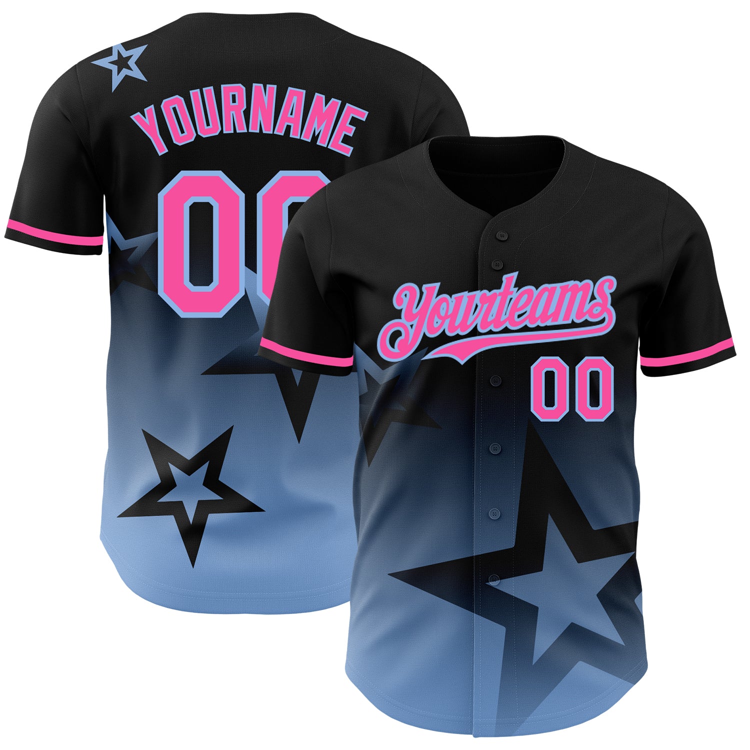 Personalized 3D Gradient Twinkle Star Baseball Jersey - Black Pink-Light Blue Personalized Black Pink-Light Blue 3D Gradient