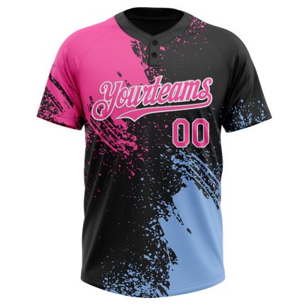 Custom Name Number Unisex Two-Button Softball Jersey Black Pink Light Blue 3D Abstract Brush Stroke Pattern Personalized