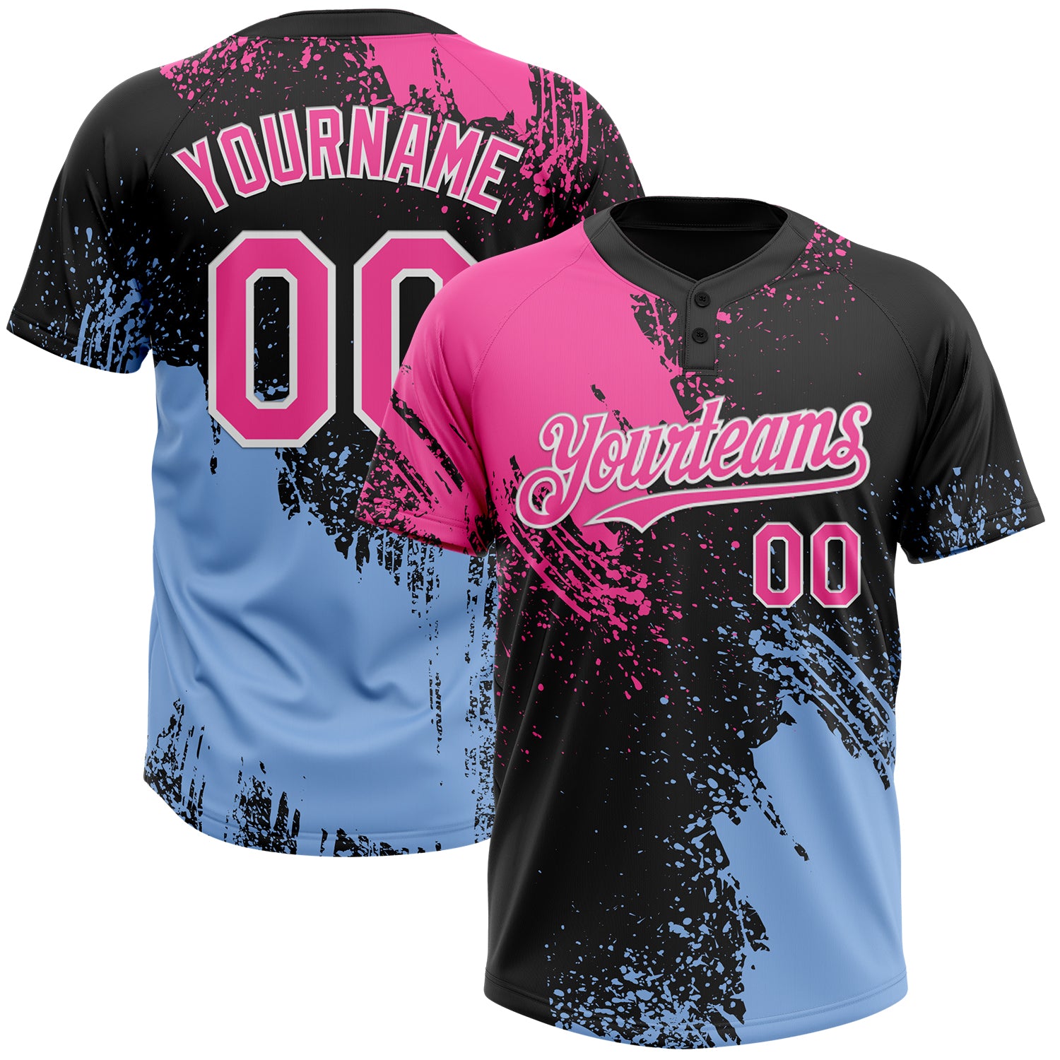 Custom Name Number Unisex Two-Button Softball Jersey Black Pink Light Blue 3D Abstract Brush Stroke Pattern Personalized