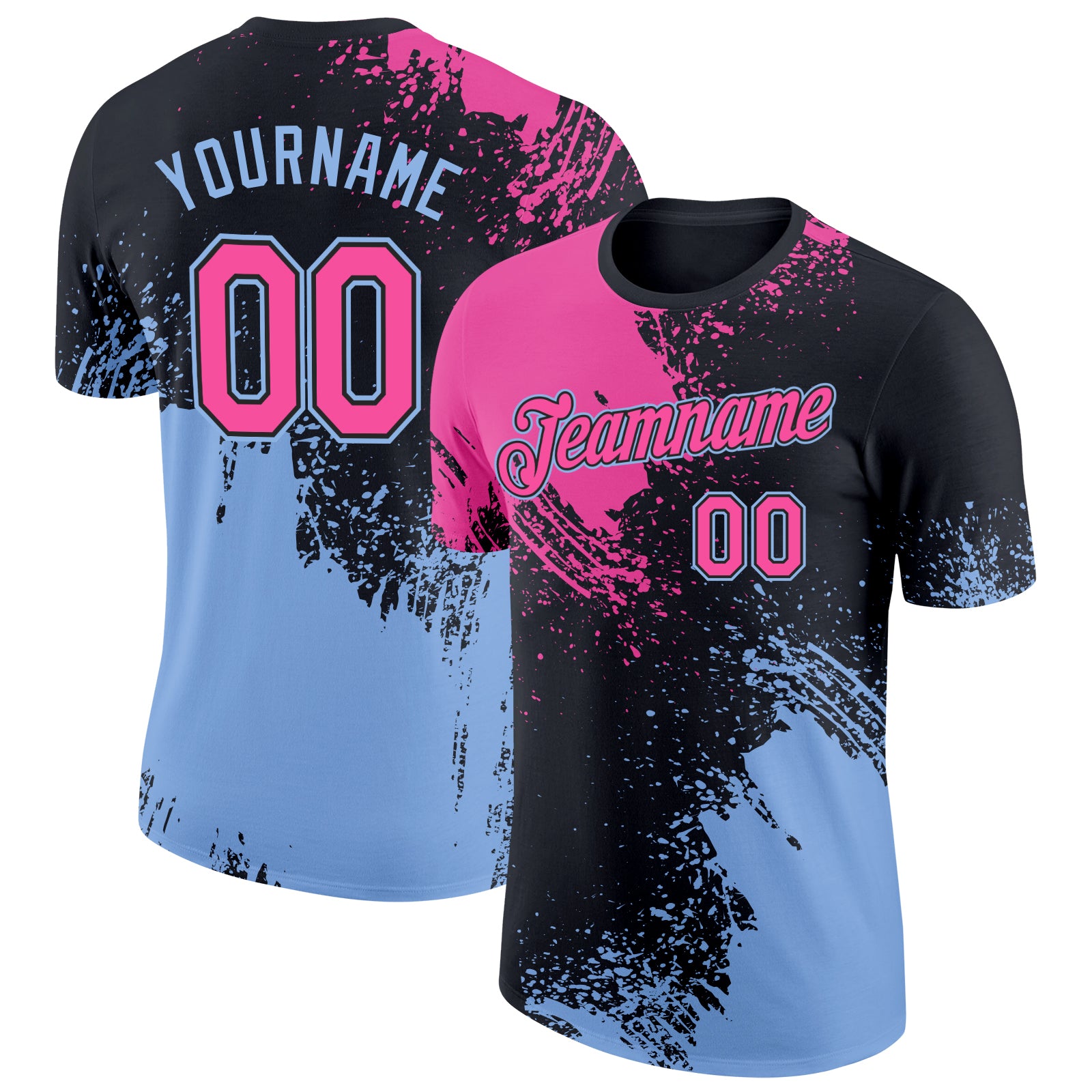 Custom Name and Number Performance T-Shirt - Personalized 3D Brush Stroke Design in Black and Light Blue Personalized Black