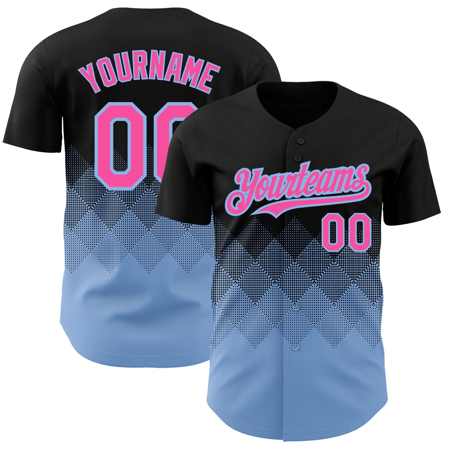 Personalized 3D Pattern Gradient Baseball Jersey - Black Pink Light Blue Square Shapes Personalized Black Pink-Light Blue