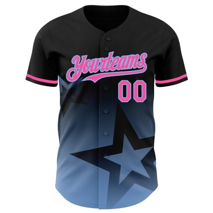 Custom Gradient Twinkle Star Baseball Jersey - Personalized Black Pink-Light Blue 3D Pattern with Name & Number Personalized