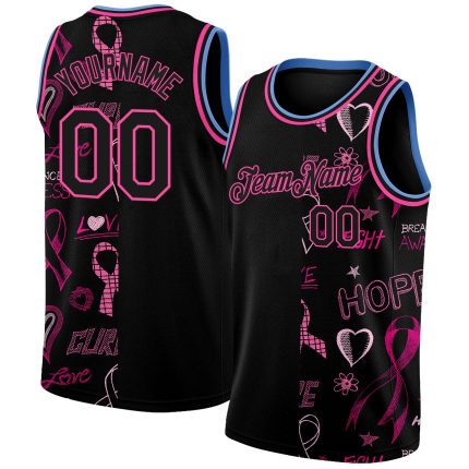 Breast Cancer Awareness Pink Ribbon 3D Jersey Custom Name Number Womens Support Authentic Basketball Team Black Light Blue