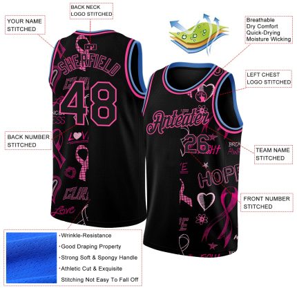 Breast Cancer Awareness Pink Ribbon 3D Jersey Custom Name Number Womens Support Authentic Basketball Team Black Light Blue