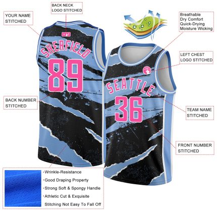Custom Basketball Jersey with Torn Paper Design - Black Pink-Light Blue 3D Pattern, Personalized Name & Number Personalized