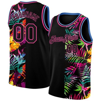 Personalized Tropical Hawaii Palm Leaves Black Pink-Light Blue 3D Basketball Jersey Custom Name & Number Personalized Black