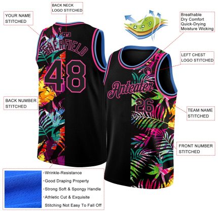 Personalized Tropical Hawaii Palm Leaves Black Pink-Light Blue 3D Basketball Jersey Custom Name & Number Personalized Black