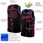 Personalized Breast Cancer Awareness Basketball Jersey for Women - Black Pink & Light Blue 3D Pink Ribbon Design Personalized