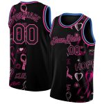 Personalized Breast Cancer Awareness Basketball Jersey for Women - Black Pink & Light Blue 3D Pink Ribbon Design Personalized