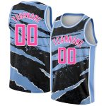 Personalized 3D Torn Paper Style Basketball Jersey - Black and Pink-Light Blue Personalized Black Pink-Light Blue 3D Torn