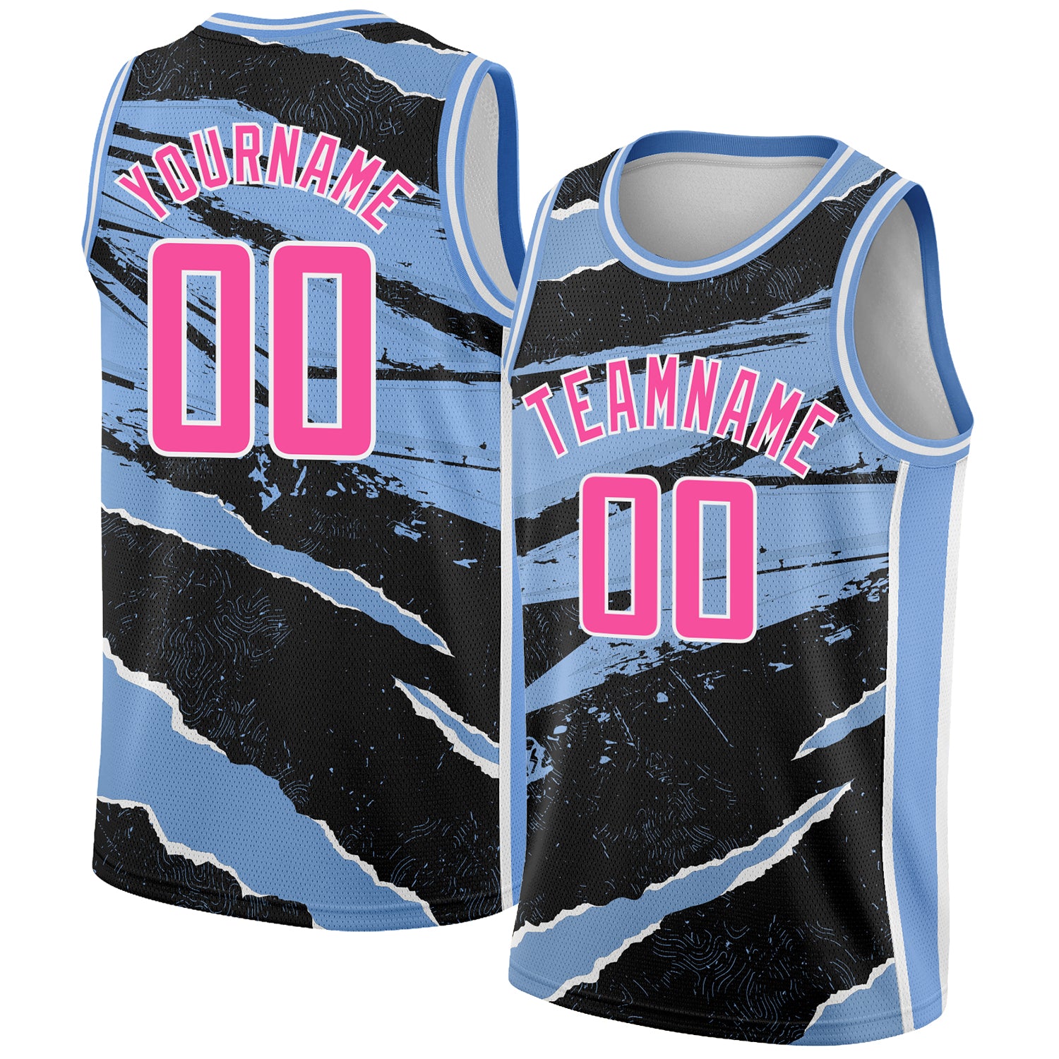 Personalized 3D Torn Paper Style Basketball Jersey - Black and Pink-Light Blue Personalized Black Pink-Light Blue 3D Torn