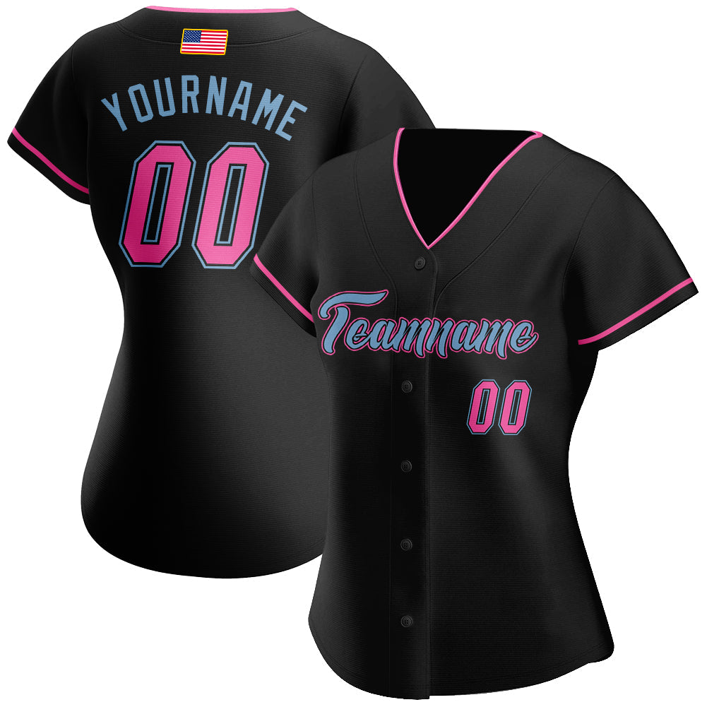 Personalized Black Pink-Light Blue Softball Jersey Custom Name Number - Authentic American Flag Design Personalized Black