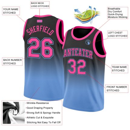 Personalized Black Pink Light Blue Basketball Jersey Custom Name Number - Authentic Fade Fashion Team Gear Personalized Black