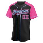 Custom Team Name and Number Black Pink-Light Blue Baseball Jersey with Raglan Sleeves - Personalized Authentic Design Personalized
