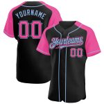 Custom Team Name and Number Black Pink-Light Blue Baseball Jersey with Raglan Sleeves - Personalized Authentic Design Personalized