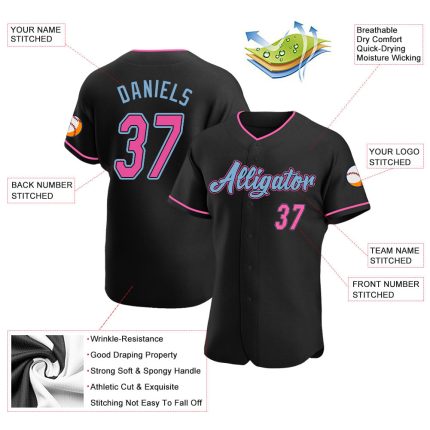 Custom Name and Number Black Pink-Light Blue Softball Jersey - Personalized Authentic Team Apparel Personalized Black Pink-Light
