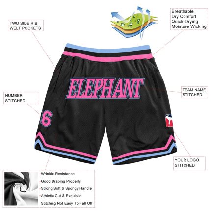 Custom Black Pink-Light Blue Basketball Shorts with Name and Number - Authentic Throwback Team Style Personalized Black Pink-Light