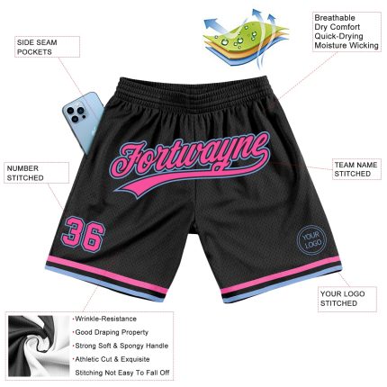 Personalized Authentic Black Pink-Light Blue Throwback Basketball Shorts Personalized Black Pink-Light Blue Authentic Throwback