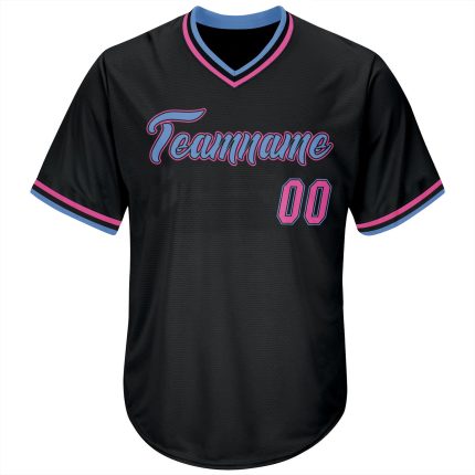 Custom Black Pink-Light Blue Rib-Knit Baseball Jersey Shirt with Authentic Throwback Design, Personalized Name and Number