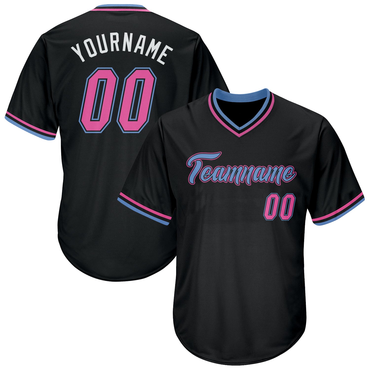 Custom Black Pink-Light Blue Rib-Knit Baseball Jersey Shirt with Authentic Throwback Design, Personalized Name and Number