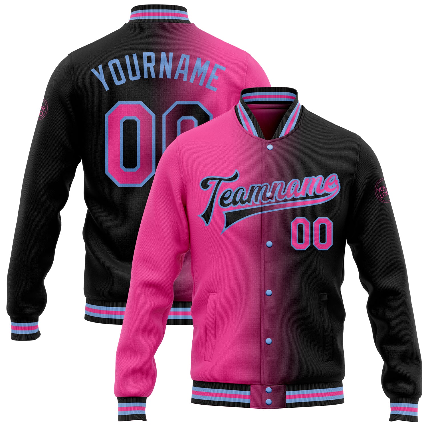 Personalized Gradient Bomber Jacket Black Pink Light Blue Full-Snap Varsity Letterman Fashion Jacket Personalized Black Pink-Light
