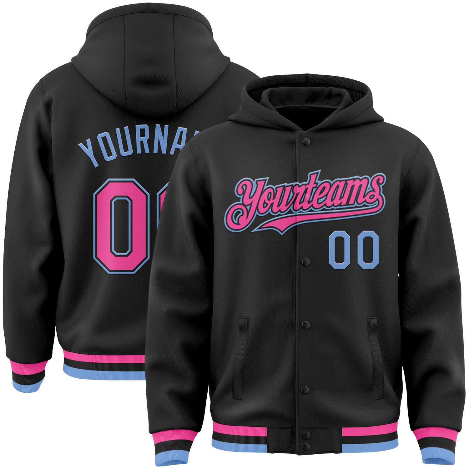 Personalized Bomber Hoodie Jacket Black Pink-Light Blue Full-Snap Varsity Letterman Personalized Black Pink-Light Blue Bomber