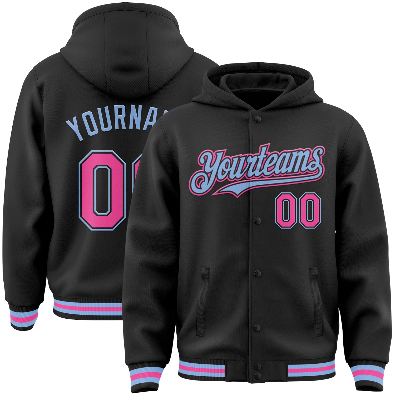 Custom Name Number Black Pink Light Blue Varsity Bomber Hoodie Jacket Full Snap Personalized Black Pink-Light Blue Bomber