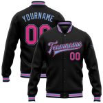 Personalized Varsity Letterman Jacket Black Pink-Light Blue Full-Snap Bomber Personalized Black Pink-Light Blue Bomber Full-Snap