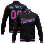Custom Name and Number Personalized Black Pink-Light Blue Bomber Varsity Letterman Jacket Personalized Black Pink-Light Blue