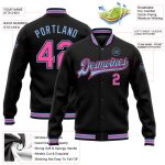 Personalized Varsity Letterman Jacket Black Pink-Light Blue Full-Snap Bomber Personalized Black Pink-Light Blue Bomber Full-Snap