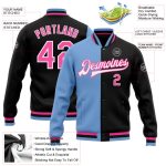 Custom Name and Number Personalized Black Pink-Light Blue Bomber Varsity Jacket Full-Snap Fashion Layered Style Personalized