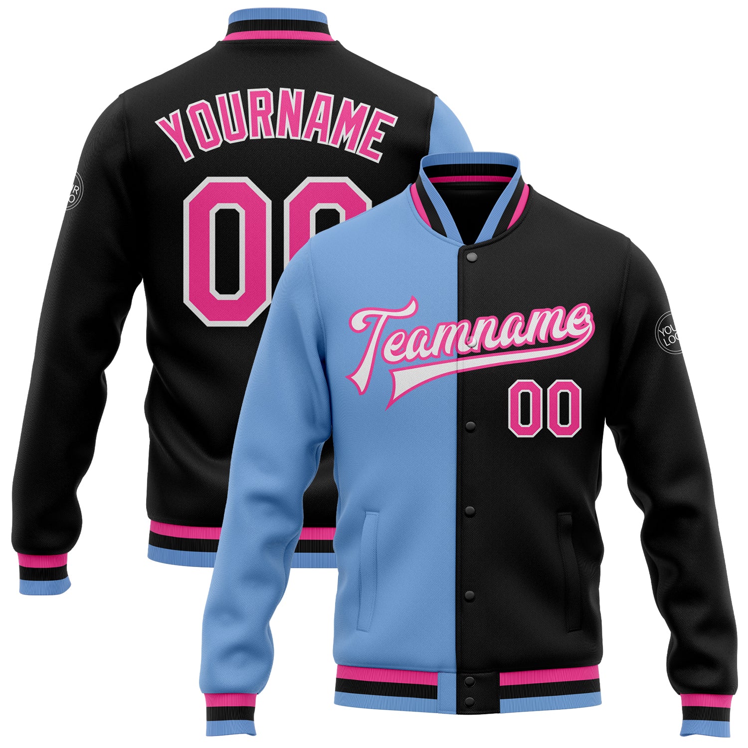 Personalized Black Pink Light Blue Varsity Letterman Bomber Jacket Full-Snap Fashion Personalized Black Pink-Light Blue Bomber