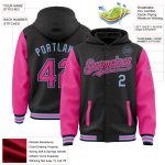 Custom Name and Number Personalized Bomber Hoodie Jacket, Black Pink-Light Blue Varsity Letterman Two Tone Personalized Black
