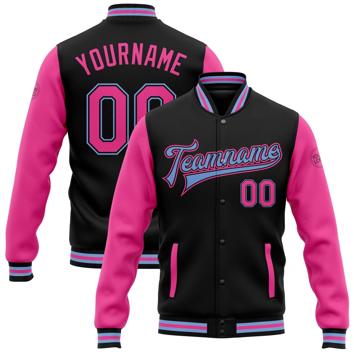 Personalized Black Pink Light Blue Varsity Letterman Bomber Jacket Full Snap Two Tone Personalized Black Pink-Light Blue