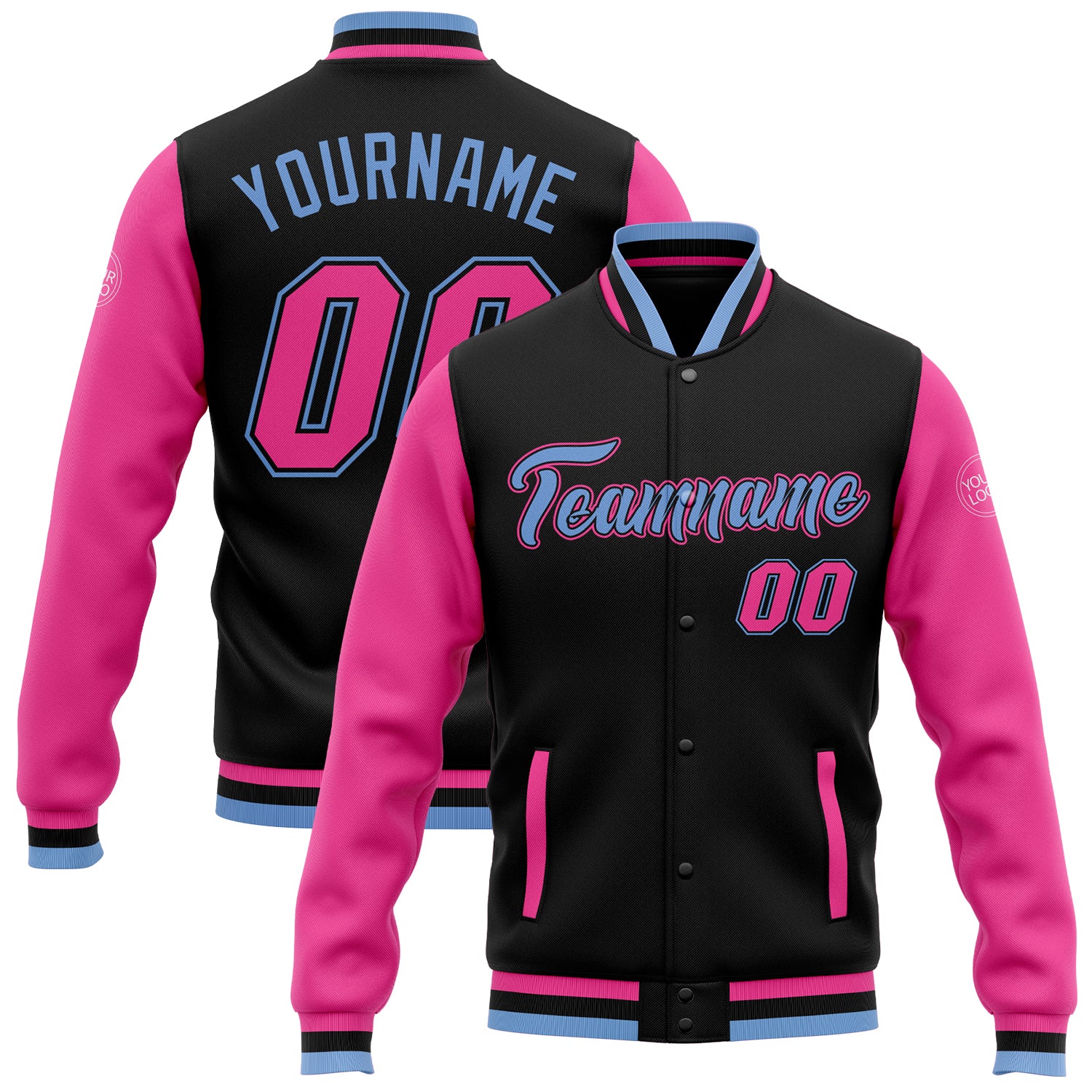 Personalized Two Tone Bomber Jacket Black Pink Light Blue Full-Snap Varsity Letterman Personalized Black Pink-Light Blue