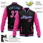Custom Two-Tone Bomber Jacket with Name and Number - Personalized Black Pink-Light Blue Varsity Letterman Full-Snap Outerwear