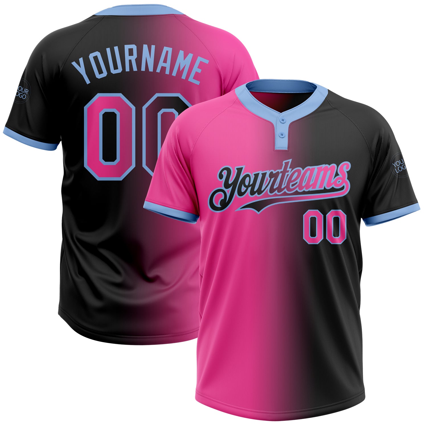 Personalized Black Pink Light Blue Gradient Softball Jersey Unisex Two-Button Fashion Personalized Black Pink-Light Blue
